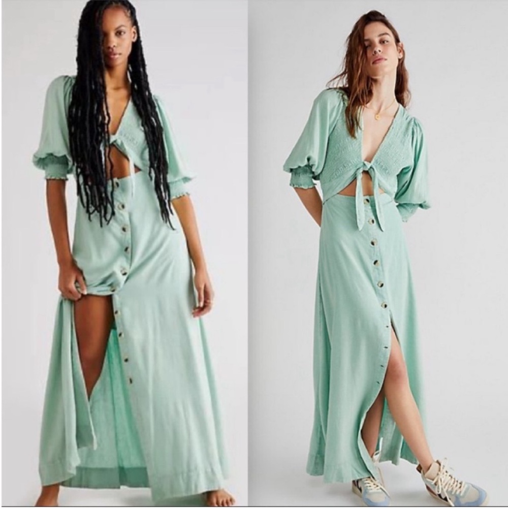 New Free People String Of Hearts Maxi Dress In Washed Green Size Medium